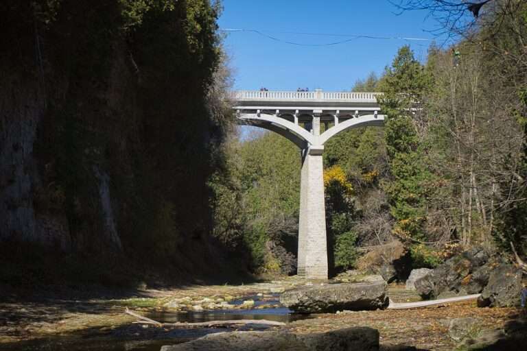 The David Street Bridge crossing the limestone walls of the Elora Gorge, with the Grand River below
