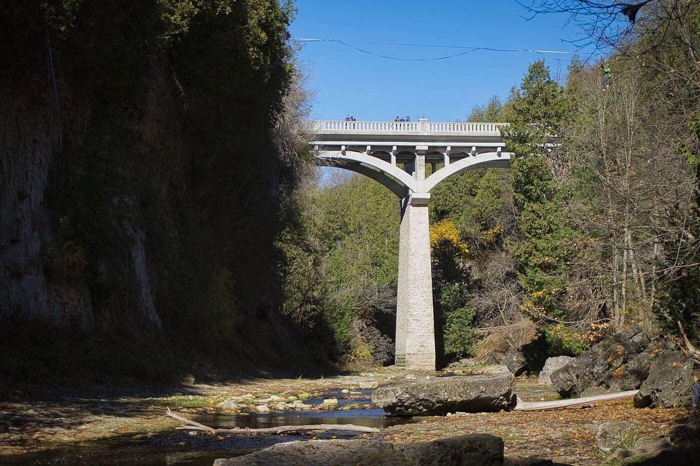 The David Street Bridge crossing the limestone walls of the Elora Gorge, with the Grand River below